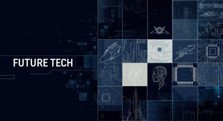 Futuristic technology concept with digital graphics and designs marked as Future Tech