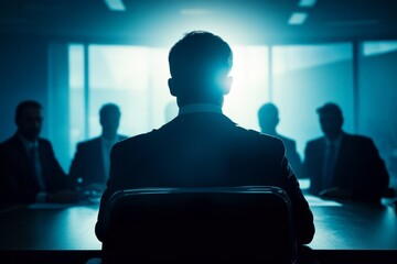 Poster - A man sits in a chair at a table with other men