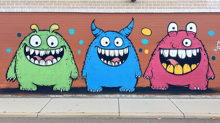 Wall Mural - Fun and colorful graffiti of three smiling monsters on an urban brick wall