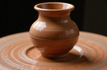 brown clay pot on spinning pottery wheel showcasing traditional craftsmanship. handmade ceramics. crafts, workshop, interior decor element