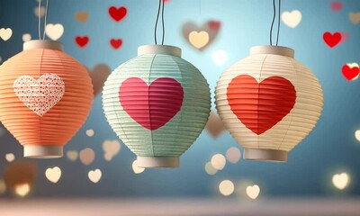 Sticker - Paper lanterns decorated with hearts, floating in the air over a transparent background.