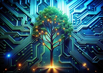 Poster - High-Tech Circuit Board Tree: Abstract Technology Growth Concept Stock Photo