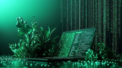 Poster - Laptop With Green Digital Code Surrounded by Virtual Botanical Elements : Generative AI