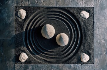 A black and white photo of two small rocks in a circle on a black