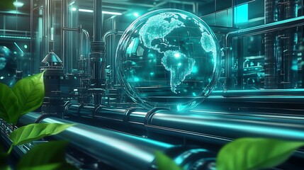 Aufkleber - Sustainable Industrial Environment with Digital Globe and Greenery : Generative AI
