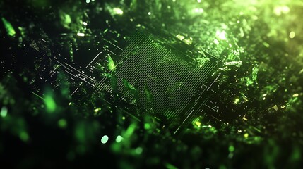 Fototapete - Futuristic Chip Technology Embedded in Green Crystal Abstract Microchip Art : Generative AI
