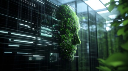 Aufkleber - Innovative AI and Nature Integration with Moss Covered Digital Face and Green Technology : Generative AI