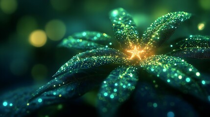 Poster - Magical Green Leaves with Glowing Star Shaped Fairy Lights Aesthetic : Generative AI