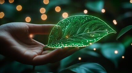 Aufkleber - Futuristic Green Leaf with Digital Glowing Pixels in a Hand Symbolizing Sustainability : Generative AI