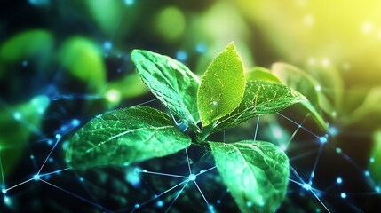 Aufkleber - Green Leaf with Digital Network Connections Symbolizing Innovation and Growth : Generative AI