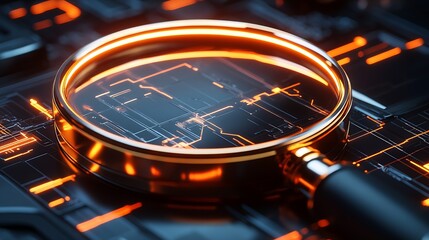 Aufkleber - Orange Lit Magnifying Glass Inspecting Digital Circuit Board Details : Generative AI
