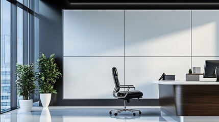 Aufkleber - Modern Corporate Office Interior With Plants and Black Leather Chair : Generative AI