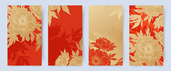 Wall Mural - luxury floral red backgrounds with golden peony flowers. floral pattern for chinese new year. asian 