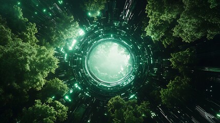 Aufkleber - Circular portal to the future forest with glowing green light and high-tech interface : Generative AI