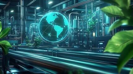 Aufkleber - Futuristic Industrial Scene with Global Connectivity and Natural Elements : Generative AI