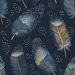Elegant pattern featuring stylized feathers in hues of blue and gold against a dark background, enhanced by delicate dotted accents.