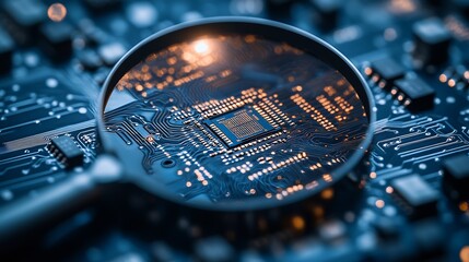 Aufkleber - Magnifying Glass Focused on Circuit Board with Visible Silicon Chip and Detailed Circuits : Generative AI