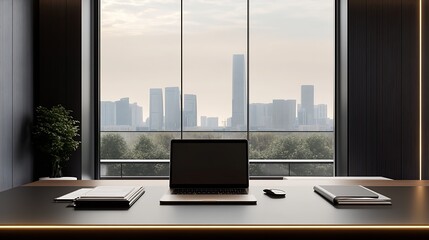 Poster - Contemporary Office Workspace with Laptop Overlooking Cityscape for Business Oriented Environment : Generative AI