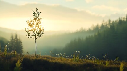 Wall Mural - A small tree is standing in a field of grass