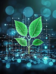 Poster - Innovative Green Technology Representation with Abstract Digital Elements Around Growing Plant : Generative AI
