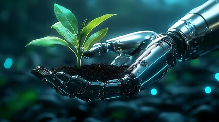 Aufkleber - Futuristic Robotic Hand Nurturing Young Plant Seedling in Soil : Generative AI