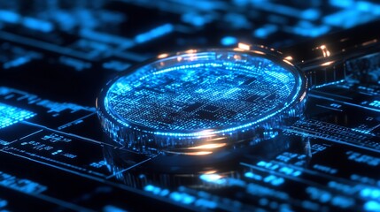 Poster - Futuristic Digital Circuit with Magnifying Glass and Blue Neon Glow : Generative AI