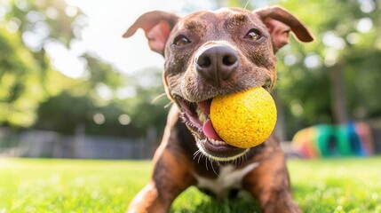 Wall Mural - A dog chewing on a tennis ball in the grass