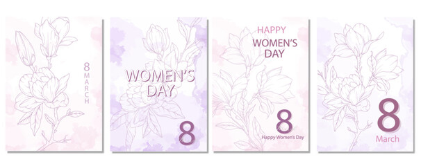 Wall Mural - Womens Day Poster. Set of Floral Posters for 8 March. Magnolia Line Art. Flower design Womens Day Greeting Cards. Women Day background Templates with Floral Art.