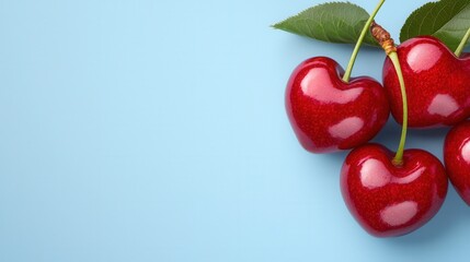 Wall Mural - A group of cherries with leaves on a blue background