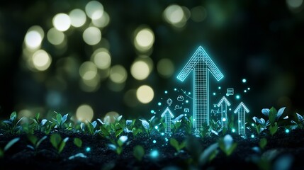 Poster - Digital Progress Concept with Futuristic Arrows Over Plant Background : Generative AI