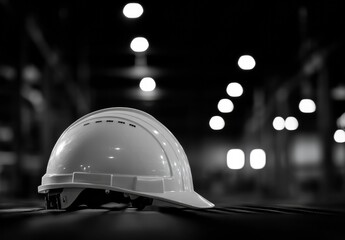 A white hard hat is laying on a dark surface