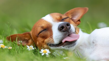 Wall Mural - A small dog laying in the grass with its tongue out