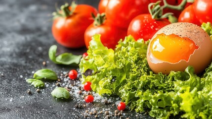 Wall Mural - A broken egg sitting on top of a pile of lettuce and tomatoes