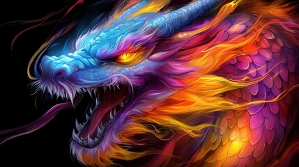 Wall Mural - A colorful dragon with its mouth open on a black background