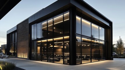Poster - Sleek Contemporary Business Building with Glass Walls and Nighttime Ambiance : Generative AI