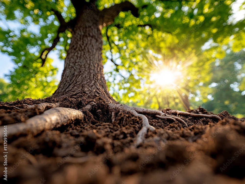 A tree with the sun shining through the roots of it