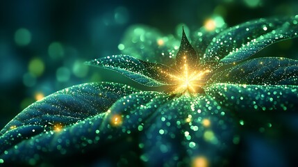 Poster - Artistic Sparkling Leaves with Radiant Green and Amber Light Effects : Generative AI