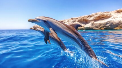 Wall Mural - A couple of dolphins jumping out of the water