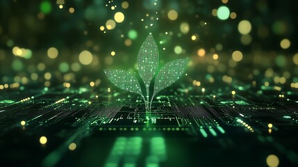 Poster - Abstract Technological Network with Radiant Green Leaf Symbolizing Eco Technology and Sustainability  : Generative AI