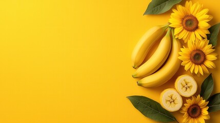 Wall Mural - A bunch of bananas and sunflowers on a yellow background