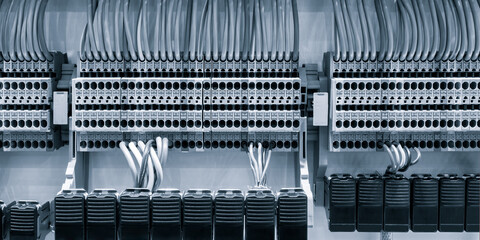 Poster - Color wires in a box of distribution of an electricity, PLC Control panel with wiring, lectric control panel enclosure for power and distribution electricity.