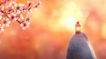 Wall Mural - A stone with a red lantern on top of it next to a tree