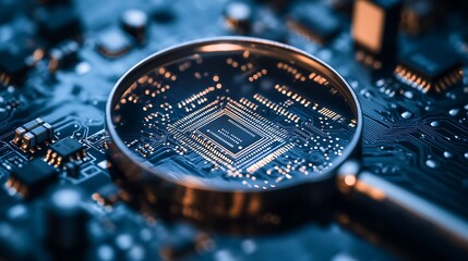 Leinwandbilder - Silicon Microchip on Circuit Board with Magnifying Glass Highlighting Technology Details : Generative AI