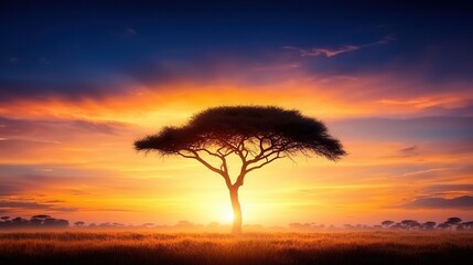 Poster - A lone acacia tree in the middle of a grassy field at sunset