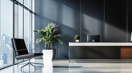 Aufkleber - Sleek Modern Office With Glass Wall and Indoor Plants Offering Cityscape View : Generative AI