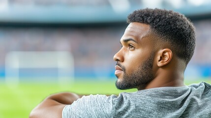 Wall Mural - A man sitting on a bench in front of a soccer field