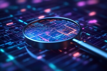 Poster - Futuristic Technology Concept with Magnifying Glass on Digital Circuit Board : Generative AI