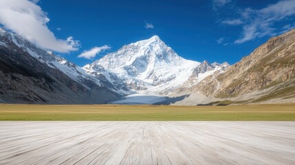 Poster - A wooden floor in front of a mountain range