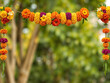 © figi - Vibrant marigold garland on a blurred green background, symbolizing celebration and tradition. Generative AI