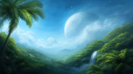 Wall Mural - a tropical landscape with a waterfall and palm trees